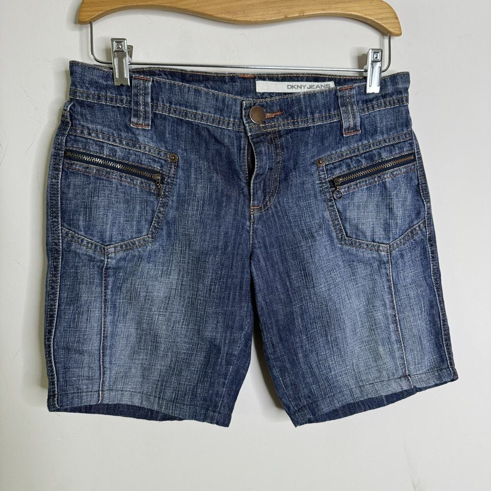 Vintage Y2K DKNY Dark Wash Stretch Denim Jean Shorts Boyfriend Fit Size 8